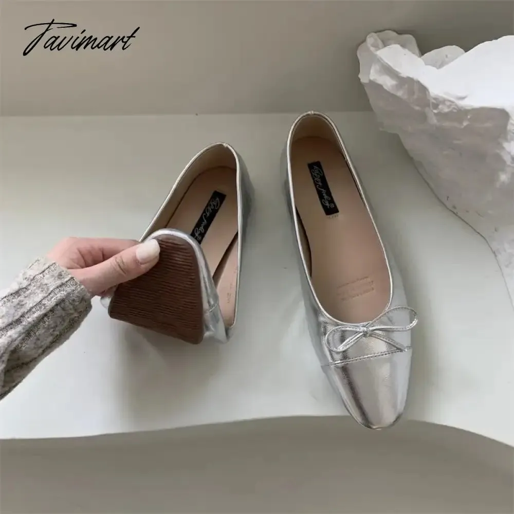 TAVIMART  -  Silver Flats Ballet Shoes for Women Mary Janes Casual Shallow Slip on Pumps Sequare Toe Elegant Woman Heeled Shoes Loafers