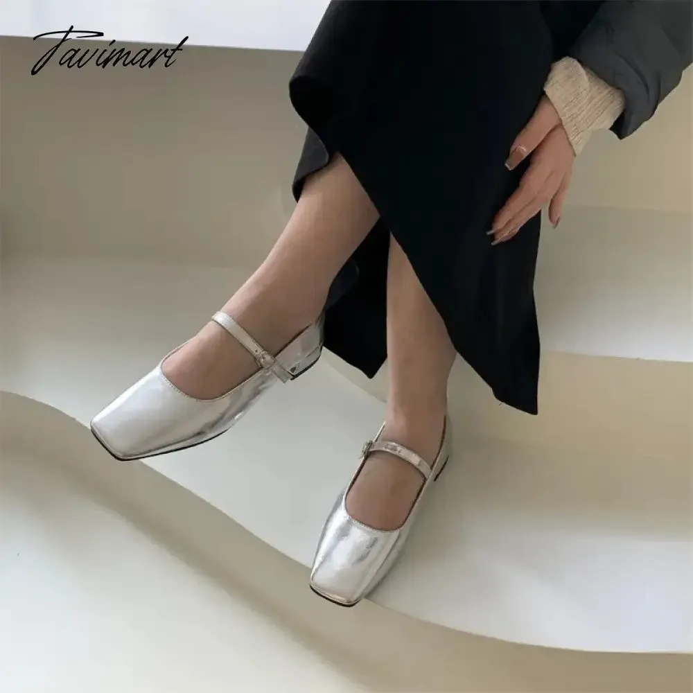 TAVIMART  -  Silver Flats Ballet Shoes for Women Mary Janes Casual Shallow Slip on Pumps Sequare Toe Elegant Woman Heeled Shoes Loafers