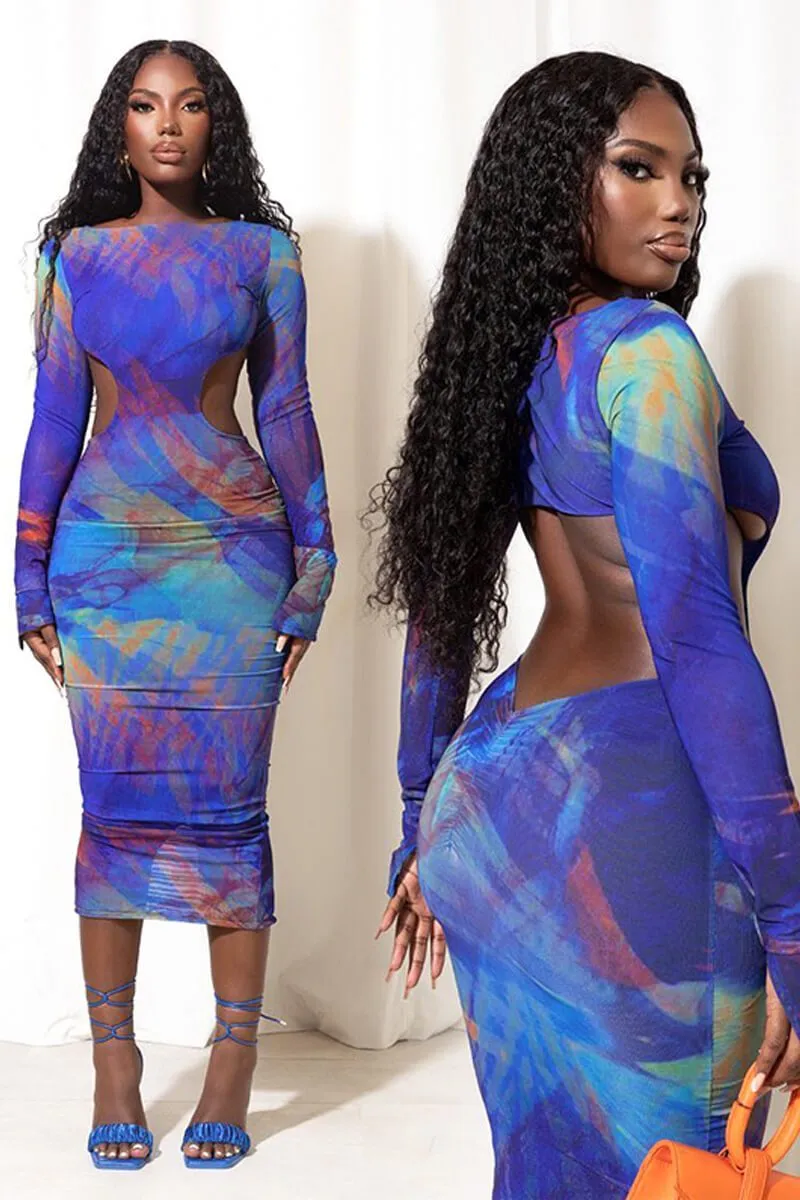 Tie Dye Cut Out Mesh Bodycon Midi Dress Long Sleeve