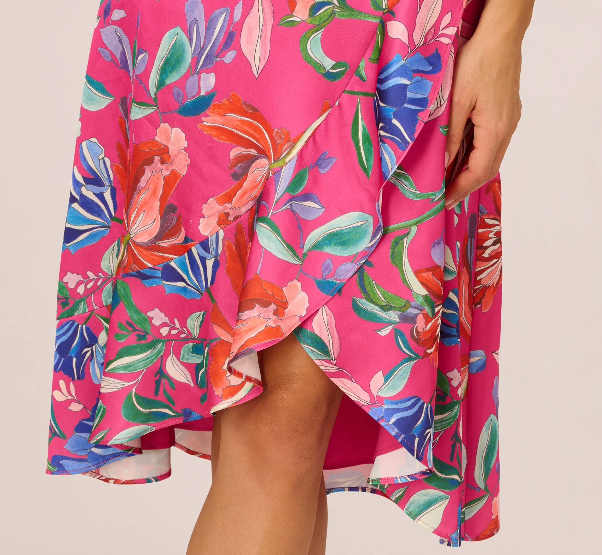 Tropical Floral Sateen Strapless Midi Dress With Ruffle Accent In Pink Multi