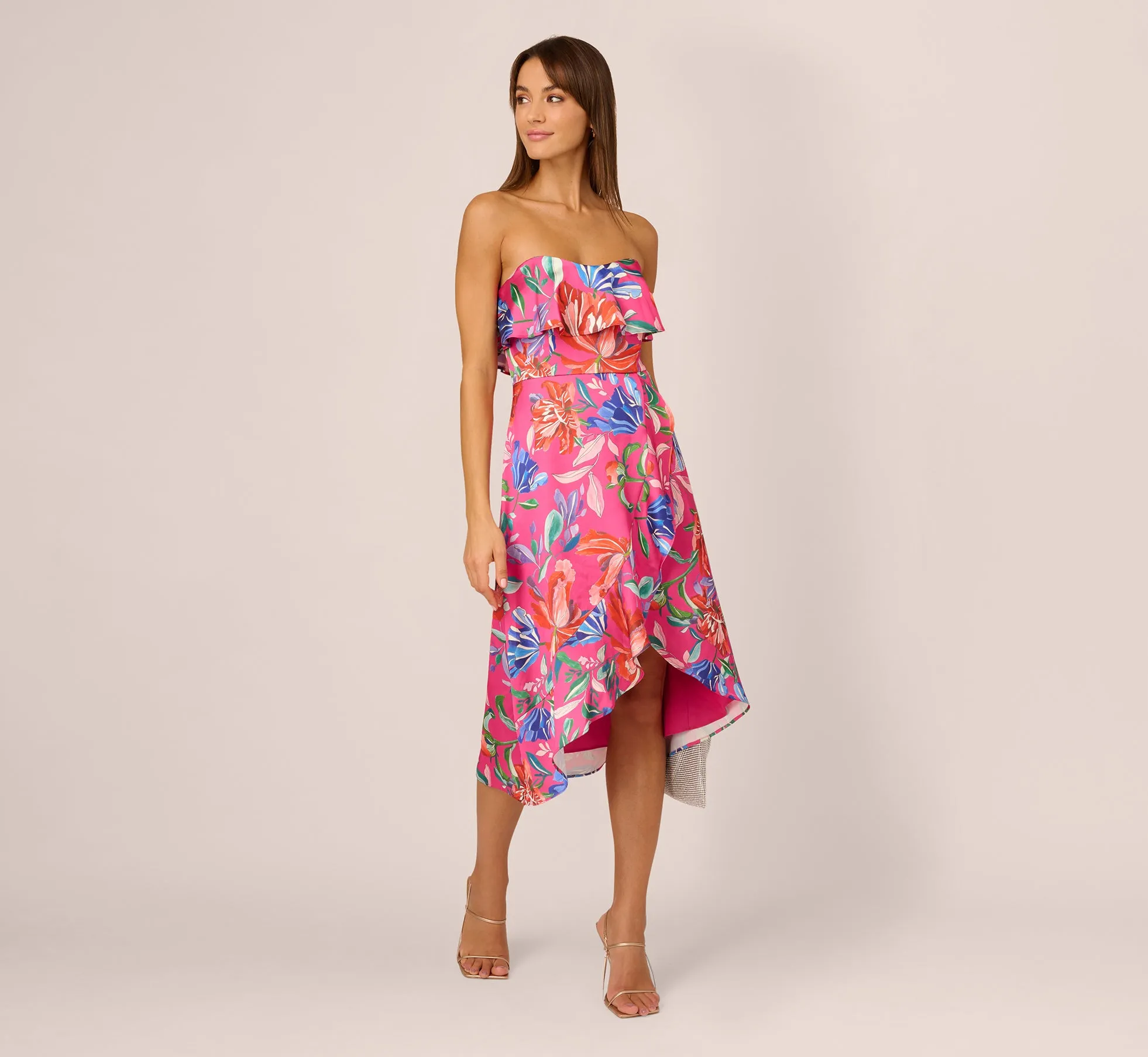 Tropical Floral Sateen Strapless Midi Dress With Ruffle Accent In Pink Multi