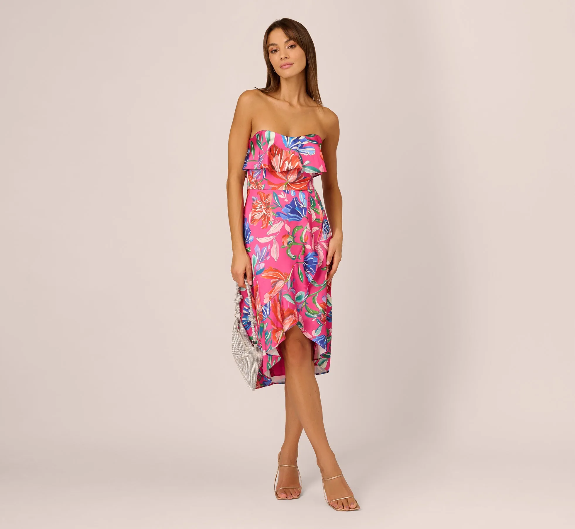 Tropical Floral Sateen Strapless Midi Dress With Ruffle Accent In Pink Multi