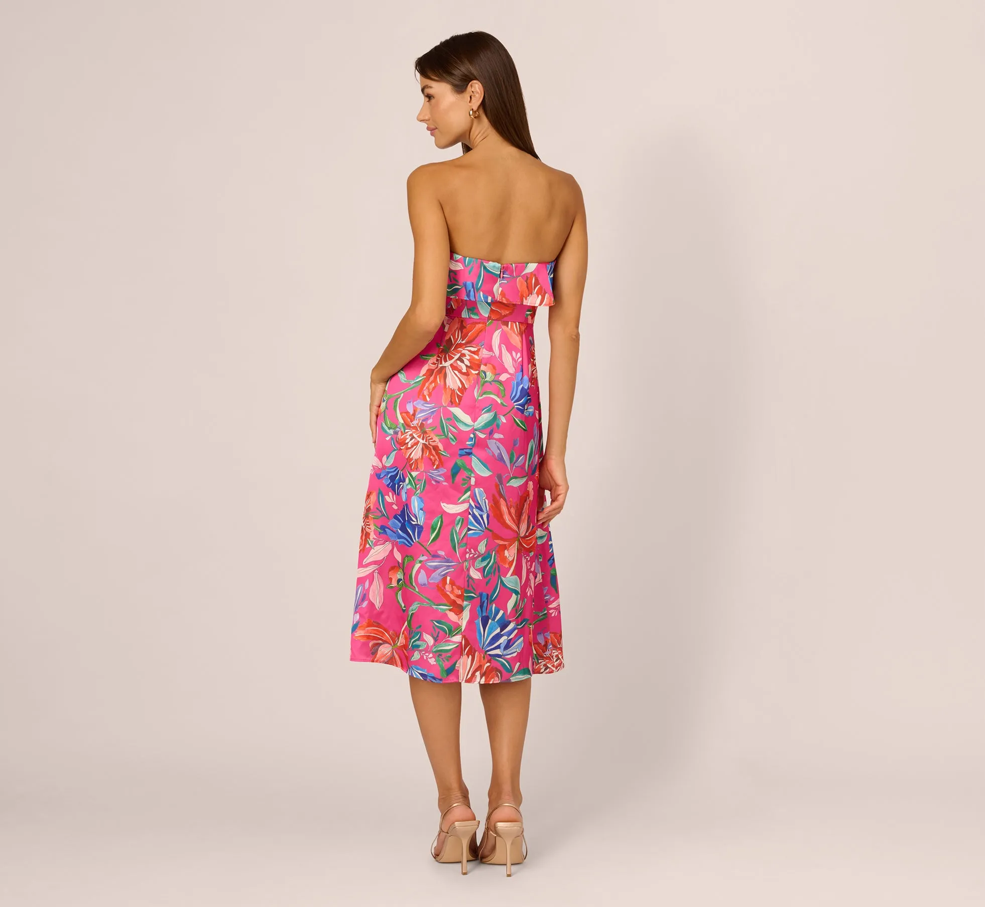 Tropical Floral Sateen Strapless Midi Dress With Ruffle Accent In Pink Multi