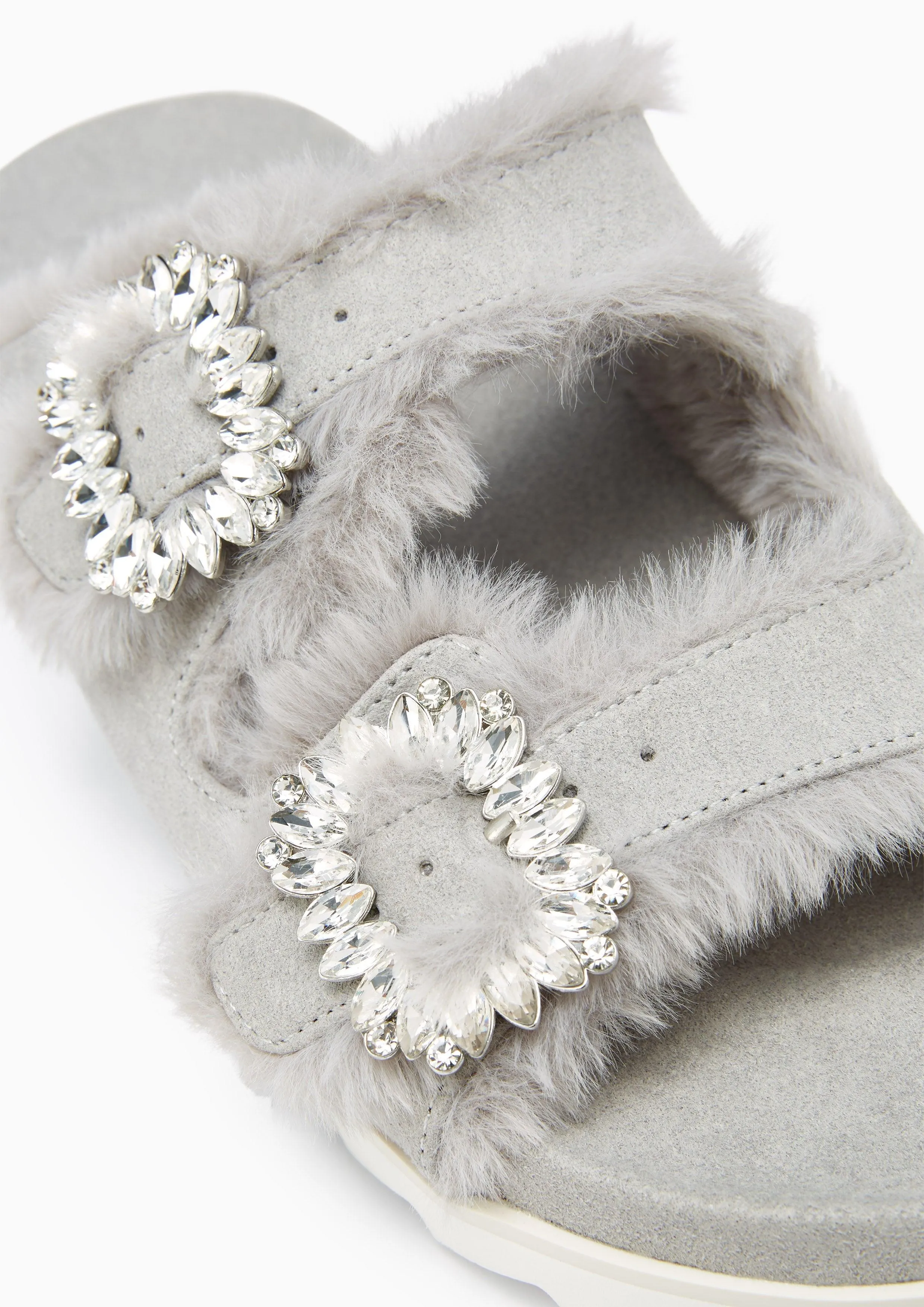 Veeni Furry Flat Sandals Light Grey