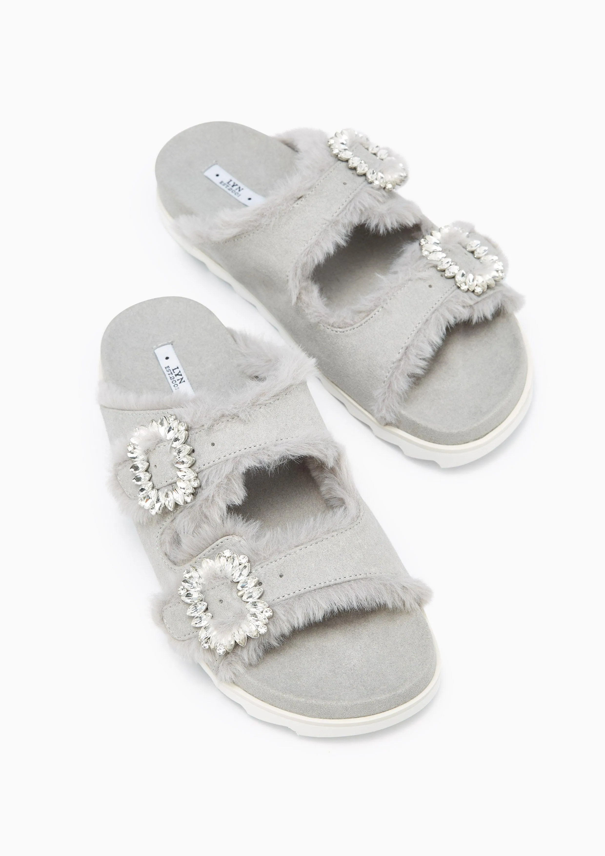 Veeni Furry Flat Sandals Light Grey