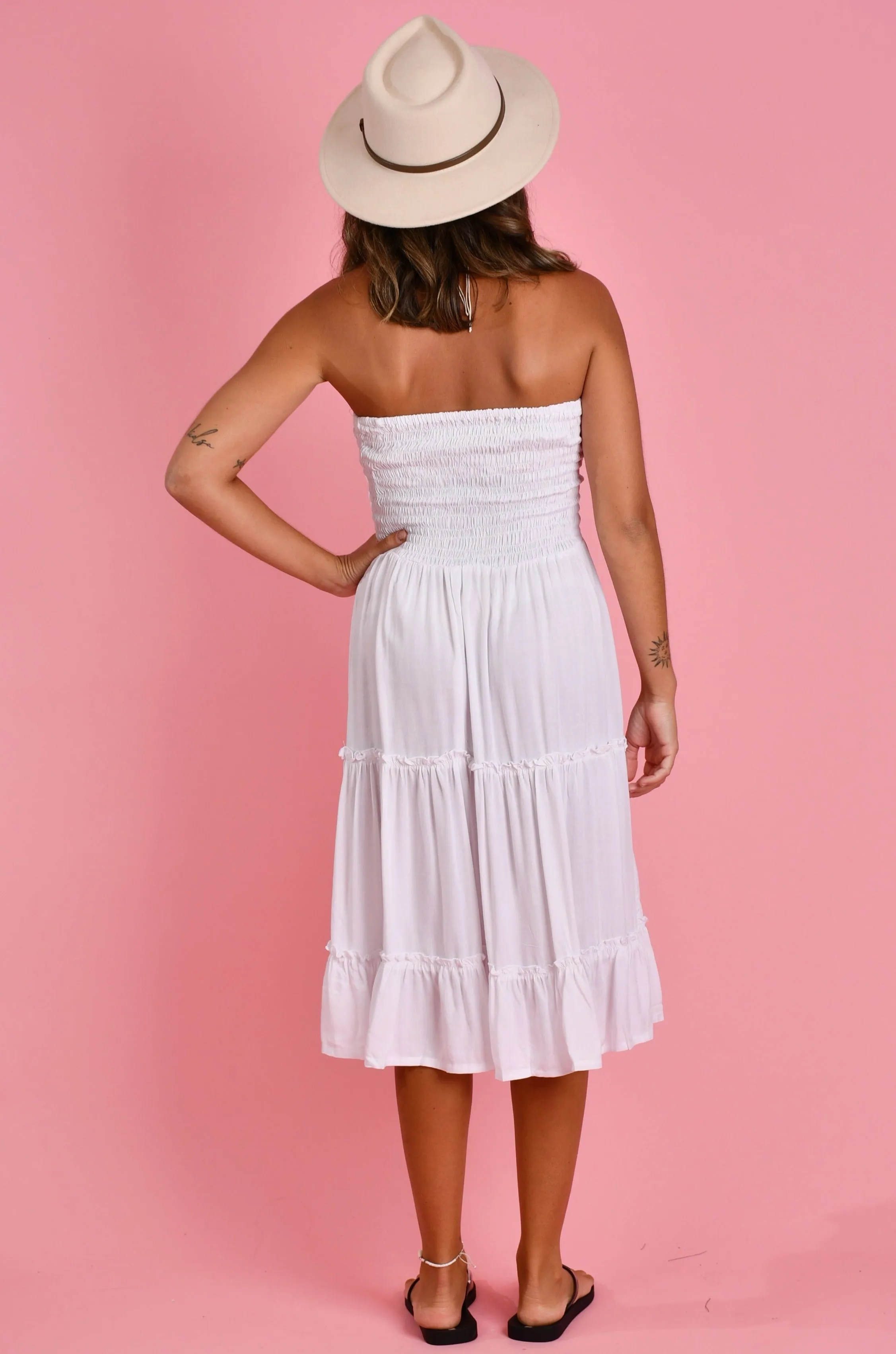 VGLD218 - 3/4 TIERED ROUCHED DRESS - WHITE