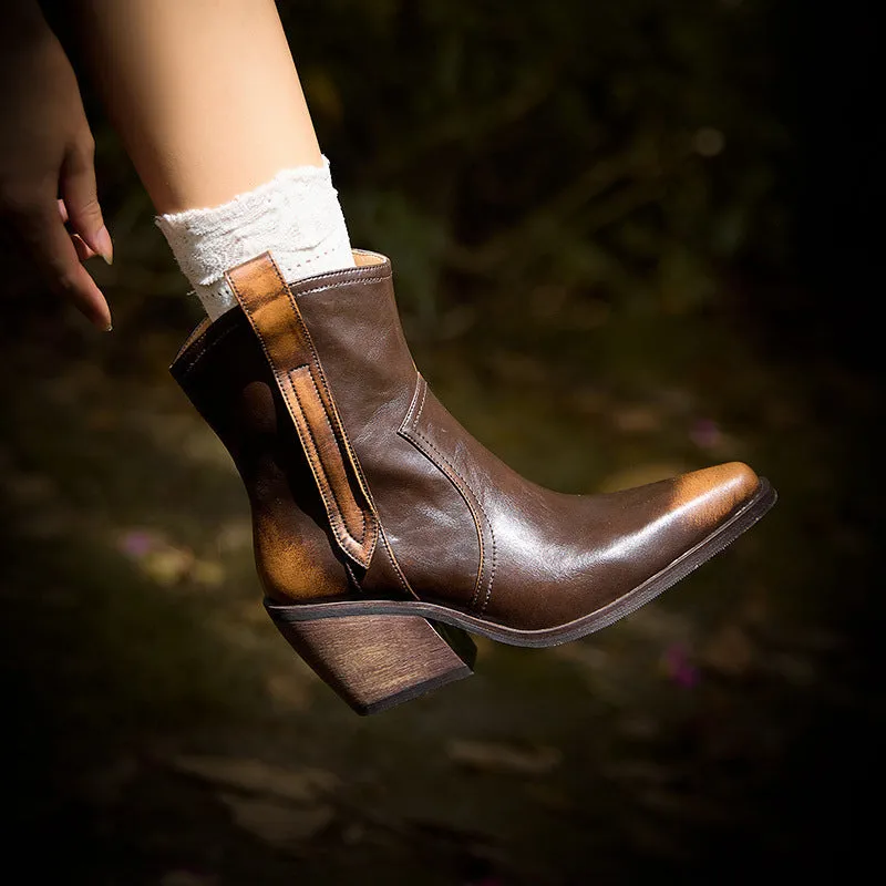 Vintage Western Point Toe Cowgirl Boots Handmade Leather Ankle Boots in Dark Brown/Khaki