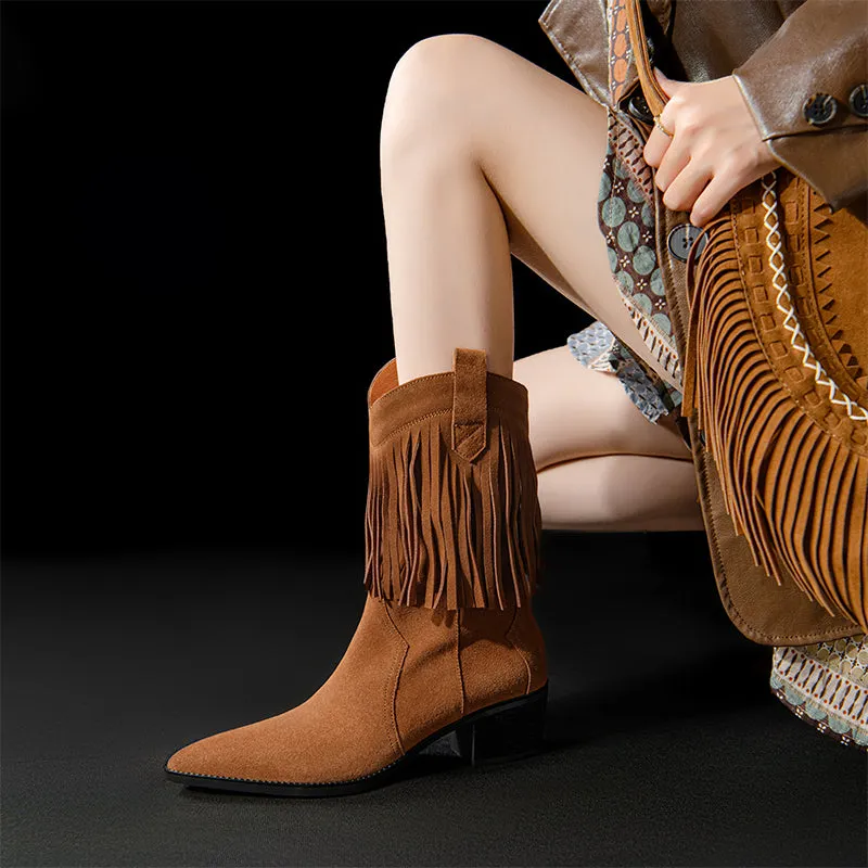 Western Point-Toe Cowgirl Boots With Tassels Handmade Suede Mid Calf Boots in Black/Brown