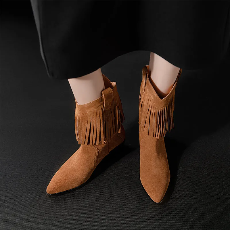 Western Point-Toe Cowgirl Boots With Tassels Handmade Suede Mid Calf Boots in Black/Brown