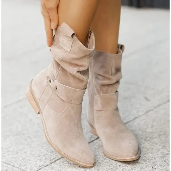 Winter Warm Women Boots Zipper Suede Boots Shoes for Women  Buckle Vintage Lady Mid-Calf Boot Thick Low Heel Female Pumps