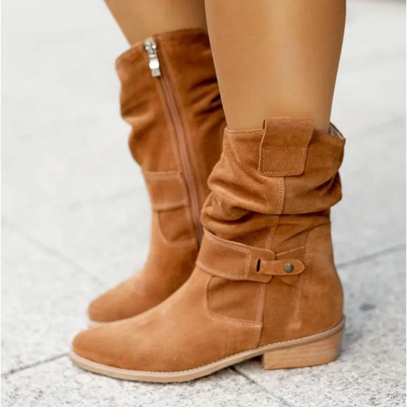 Winter Warm Women Boots Zipper Suede Boots Shoes for Women  Buckle Vintage Lady Mid-Calf Boot Thick Low Heel Female Pumps