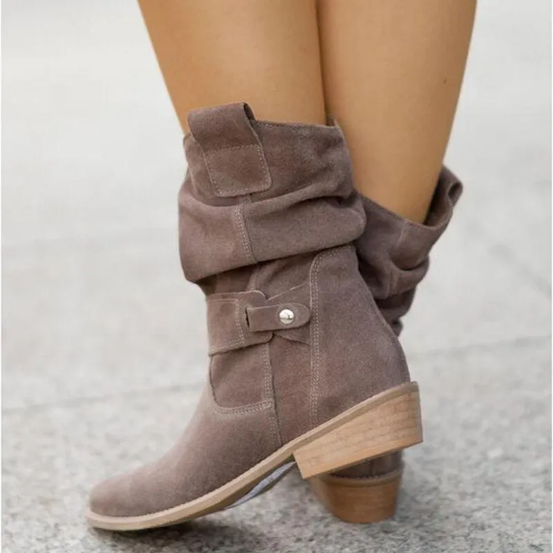 Winter Warm Women Boots Zipper Suede Boots Shoes for Women  Buckle Vintage Lady Mid-Calf Boot Thick Low Heel Female Pumps