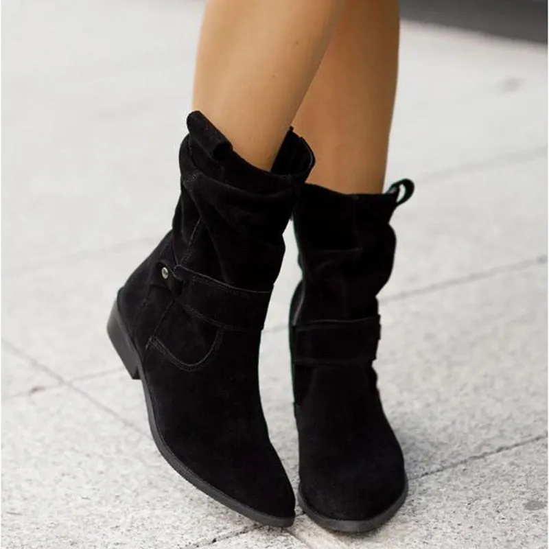 Winter Warm Women Boots Zipper Suede Boots Shoes for Women  Buckle Vintage Lady Mid-Calf Boot Thick Low Heel Female Pumps