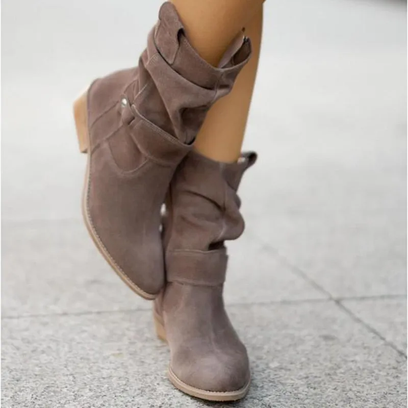 Winter Warm Women Boots Zipper Suede Boots Shoes for Women  Buckle Vintage Lady Mid-Calf Boot Thick Low Heel Female Pumps