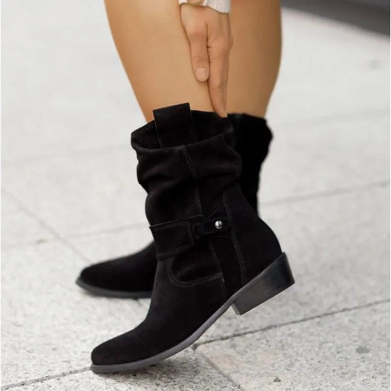 Winter Warm Women Boots Zipper Suede Boots Shoes for Women  Buckle Vintage Lady Mid-Calf Boot Thick Low Heel Female Pumps