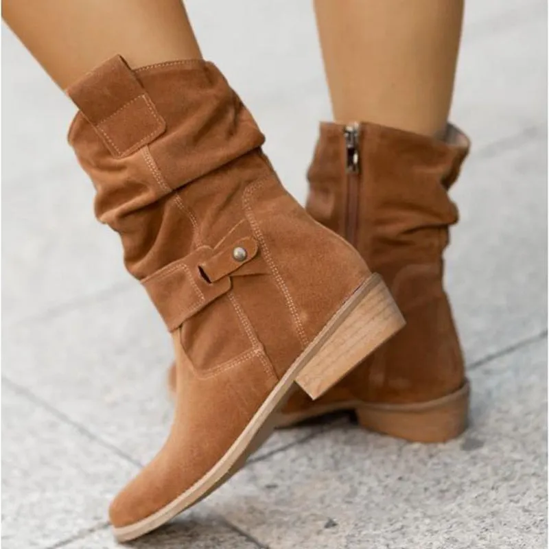 Winter Warm Women Boots Zipper Suede Boots Shoes for Women  Buckle Vintage Lady Mid-Calf Boot Thick Low Heel Female Pumps