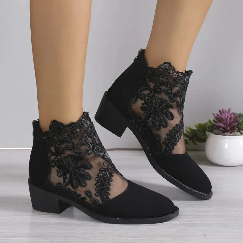 Wjczt New Women's Boots Hollow Lace Embroidery Block Heel Ankle Boots Fashion Pointed Toe Back Zip Pumps Bota Verano Mujer 35-43