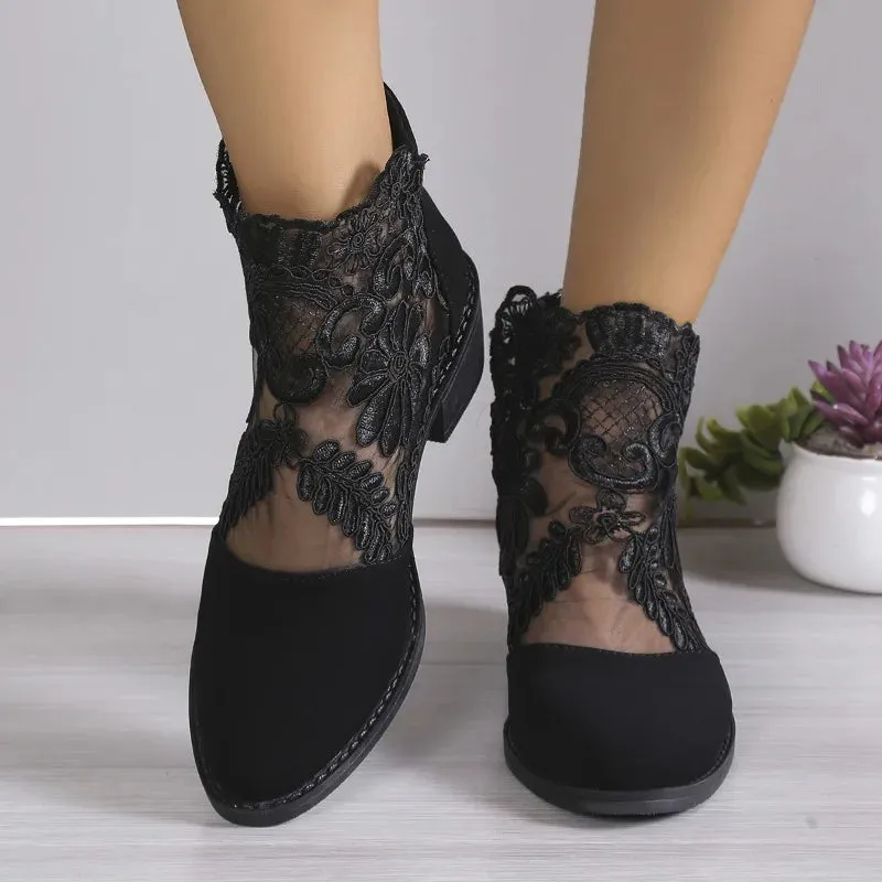 Wjczt New Women's Boots Hollow Lace Embroidery Block Heel Ankle Boots Fashion Pointed Toe Back Zip Pumps Bota Verano Mujer 35-43