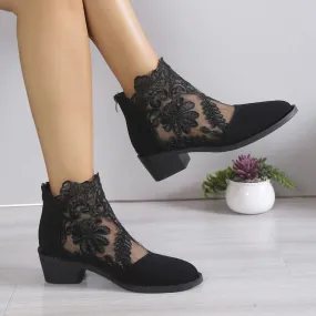 Wjczt New Women's Boots Hollow Lace Embroidery Block Heel Ankle Boots Fashion Pointed Toe Back Zip Pumps Bota Verano Mujer 35-43