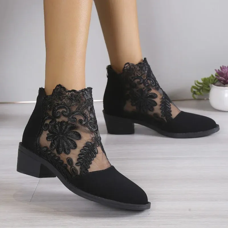 Wjczt New Women's Boots Hollow Lace Embroidery Block Heel Ankle Boots Fashion Pointed Toe Back Zip Pumps Bota Verano Mujer 35-43