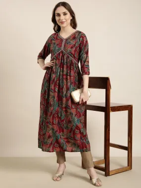 Women Anarkali Maroon Floral Kurta