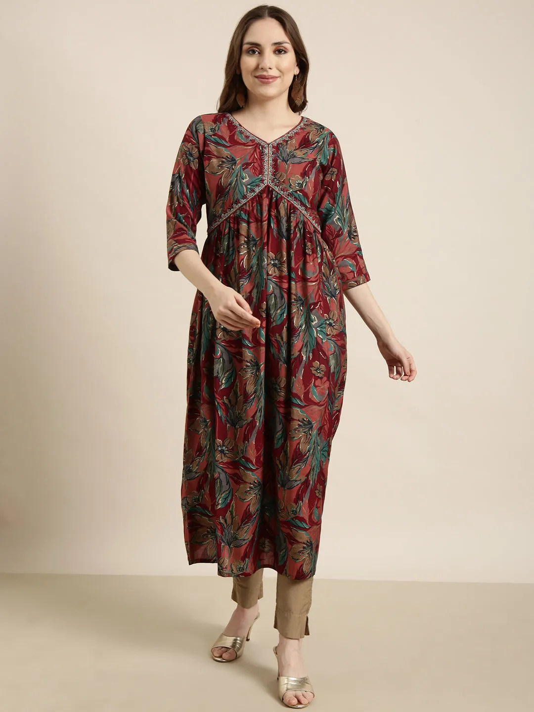 Women Anarkali Maroon Floral Kurta