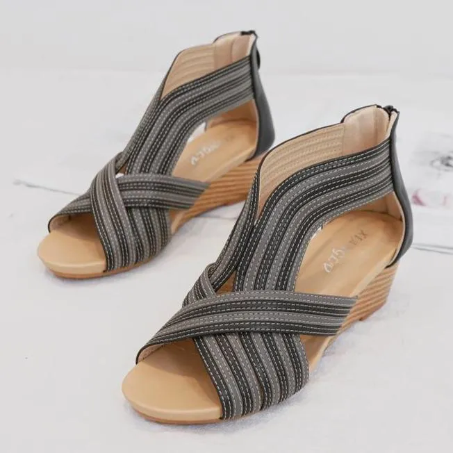 Women fashion criss cross strap 
back zipper wedge sandals