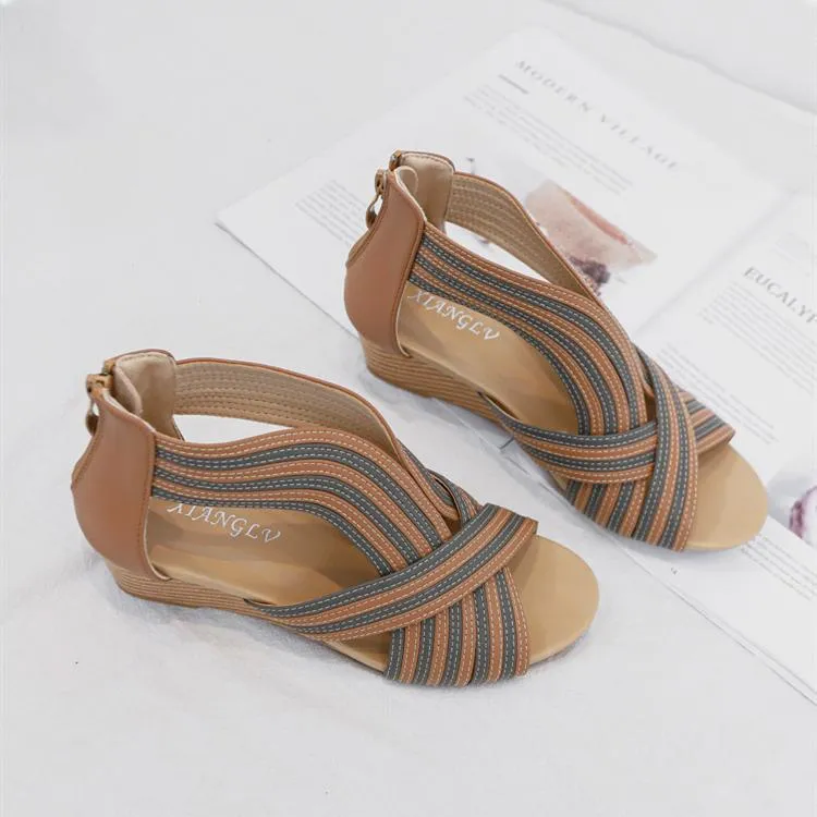 Women fashion criss cross strap 
back zipper wedge sandals