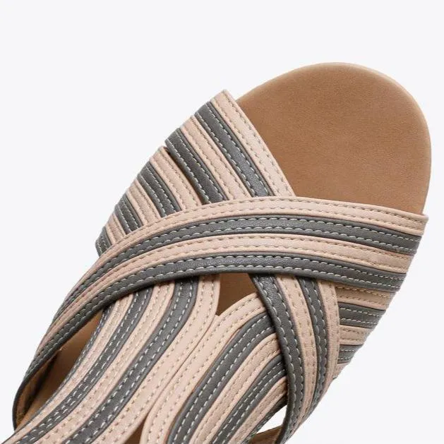 Women fashion criss cross strap 
back zipper wedge sandals