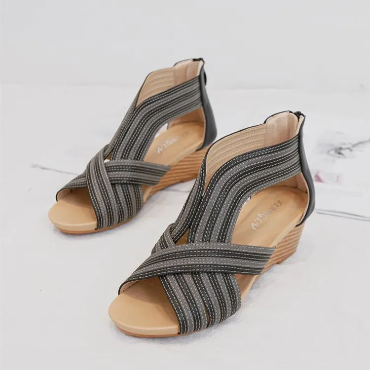 Women fashion criss cross strap 
back zipper wedge sandals