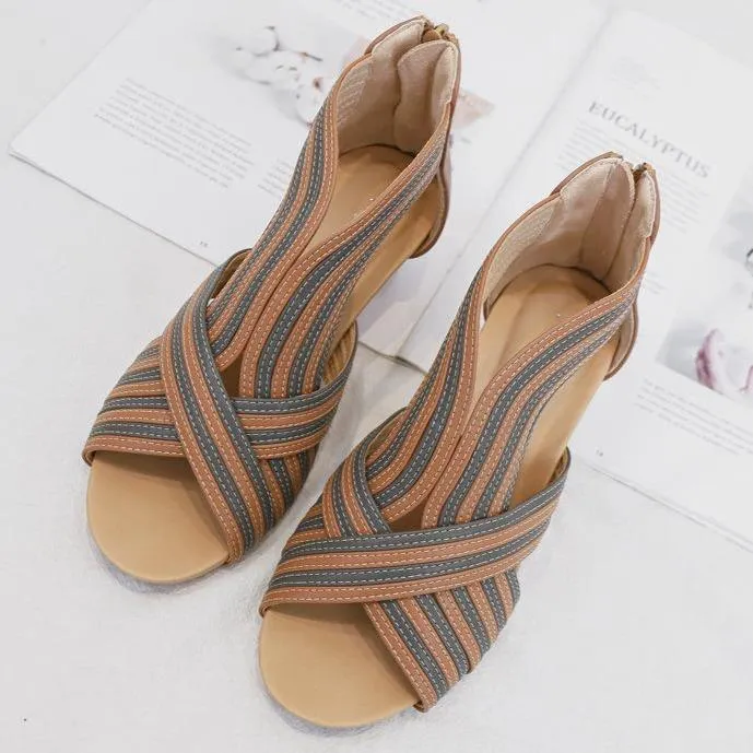 Women fashion criss cross strap 
back zipper wedge sandals