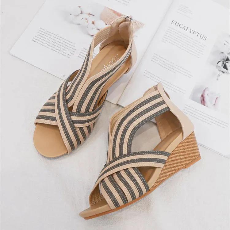 Women fashion criss cross strap 
back zipper wedge sandals