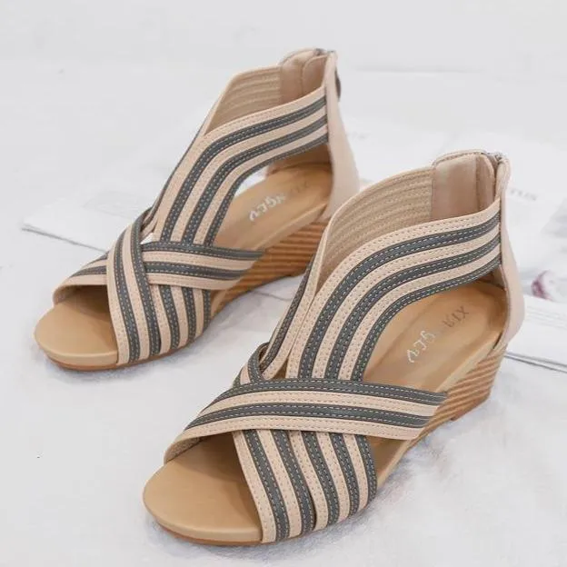 Women fashion criss cross strap 
back zipper wedge sandals