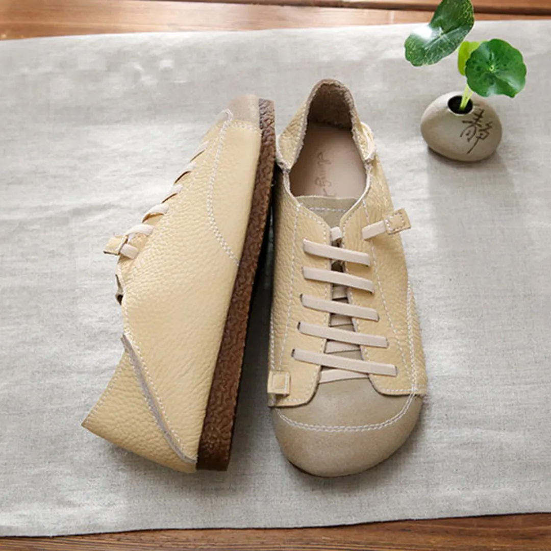 Women Leather Lace-Up Handmade Paneled Retro Shoes