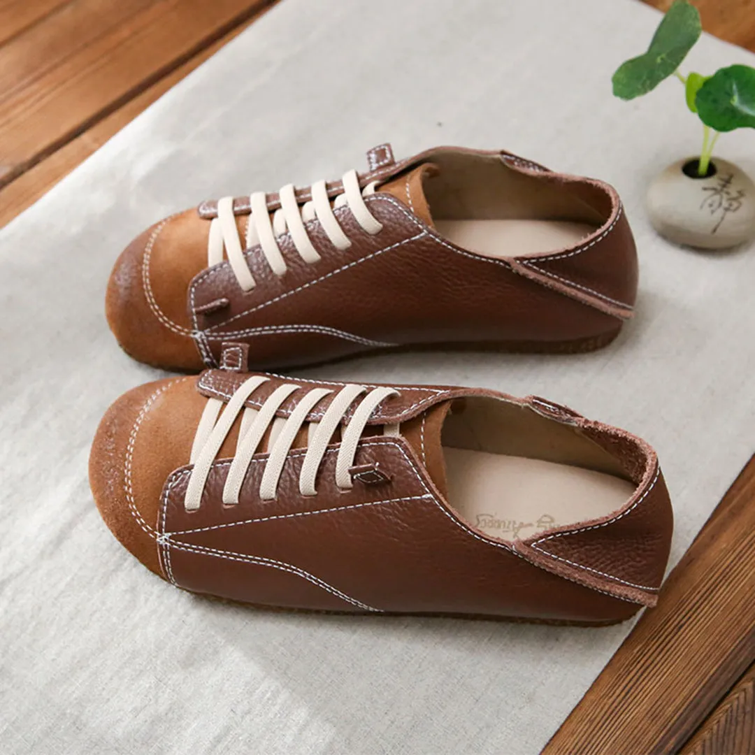 Women Leather Lace-Up Handmade Paneled Retro Shoes