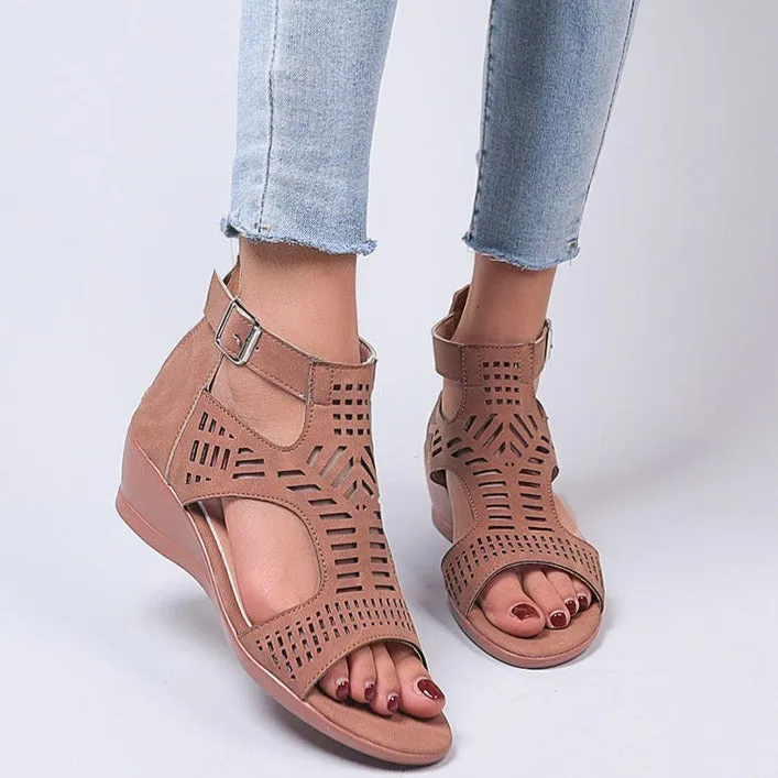 Women peep toe hollow breathable buckle strap back zipper wede sandals