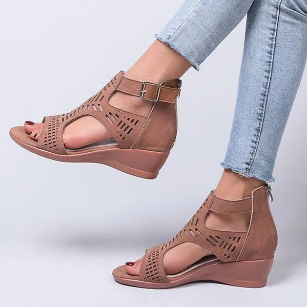 Women peep toe hollow breathable buckle strap back zipper wede sandals