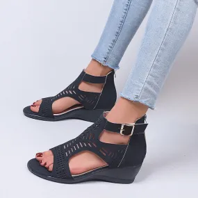 Women peep toe hollow breathable buckle strap back zipper wede sandals