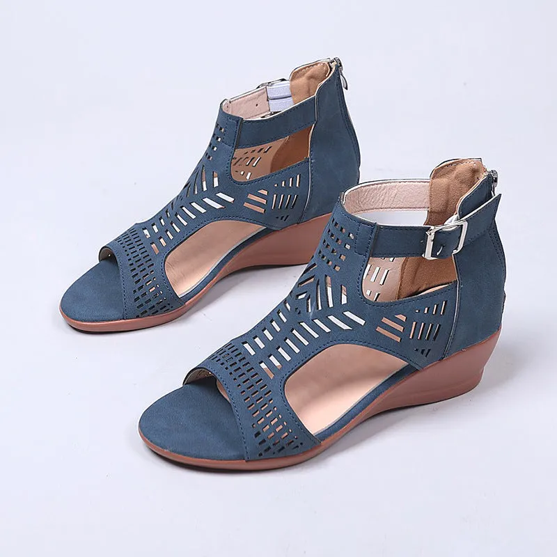 Women peep toe hollow breathable buckle strap back zipper wede sandals