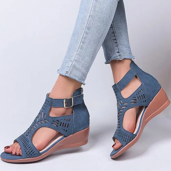 Women peep toe hollow breathable buckle strap back zipper wede sandals