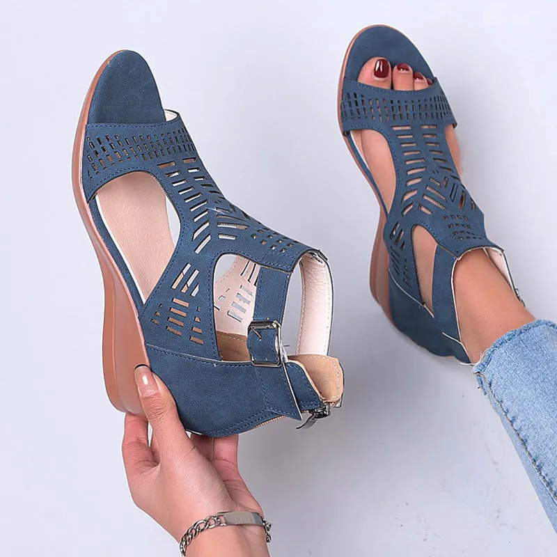 Women peep toe hollow breathable buckle strap back zipper wede sandals