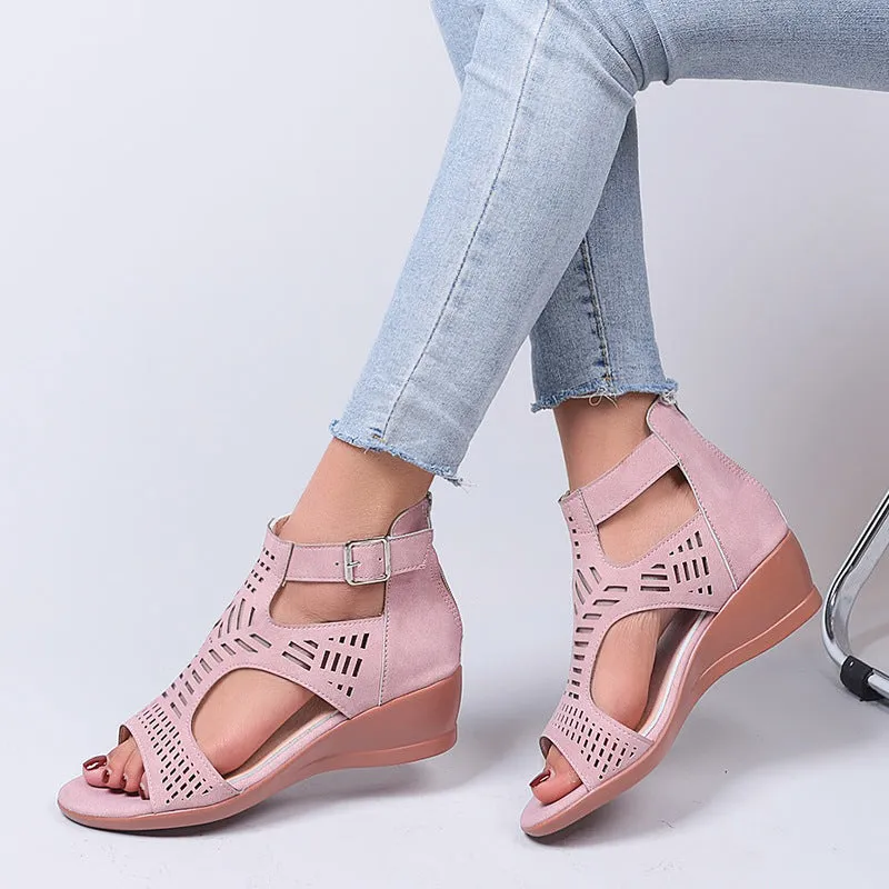 Women peep toe hollow breathable buckle strap back zipper wede sandals