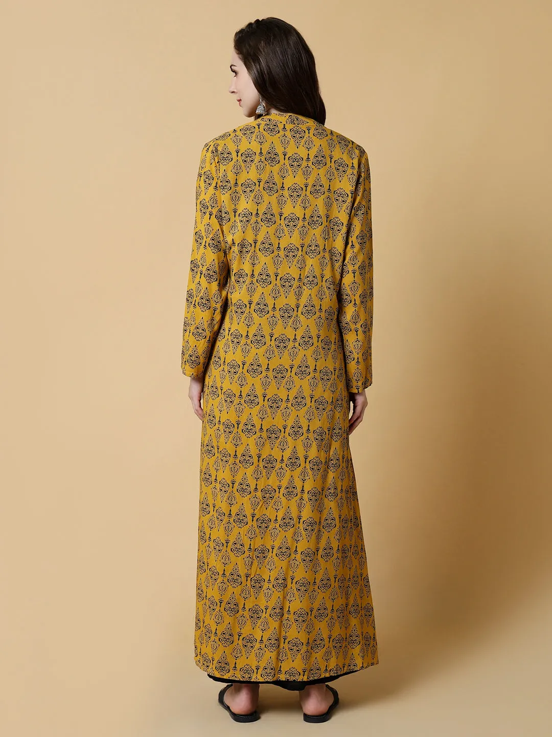 Women Yellow Graphic A-Line Kurta with Shrug