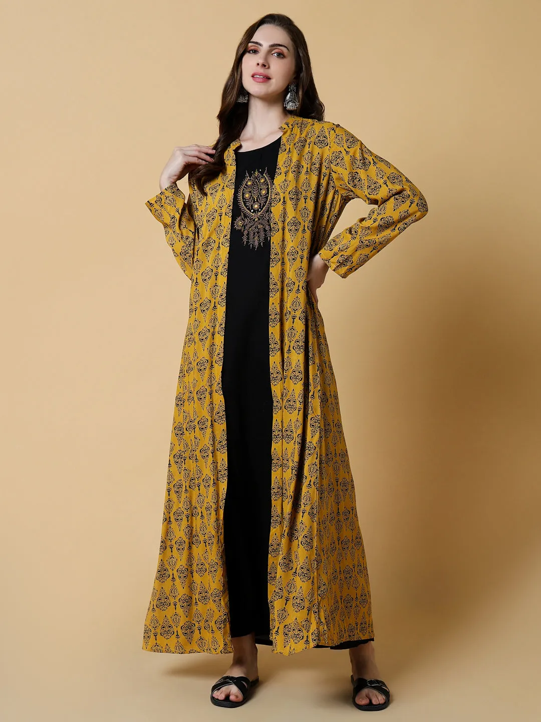 Women Yellow Graphic A-Line Kurta with Shrug