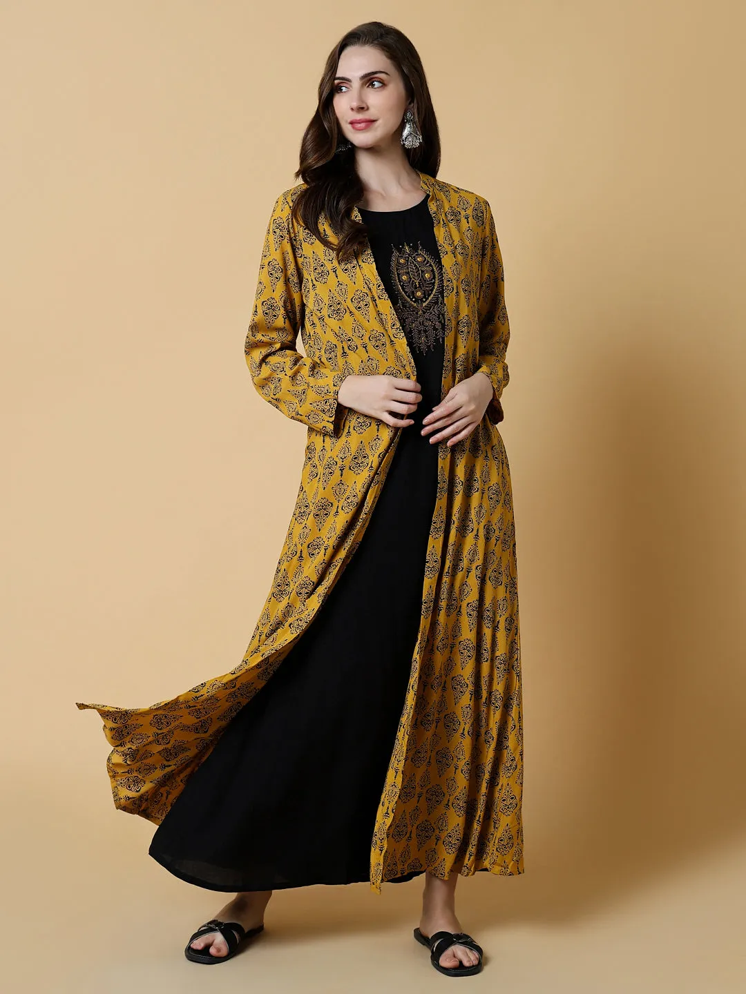 Women Yellow Graphic A-Line Kurta with Shrug