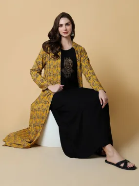 Women Yellow Graphic A-Line Kurta with Shrug