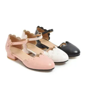 Women's Round Toe Solid Color Ruffles Ankle Strap Block Heels Sandals