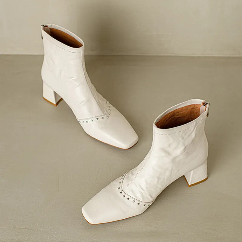 Women's Square Toe Sheepskin Slimming Boots Rivet-embellished Mid Heel Ankle Boots in White/Black