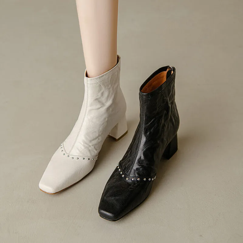 Women's Square Toe Sheepskin Slimming Boots Rivet-embellished Mid Heel Ankle Boots in White/Black