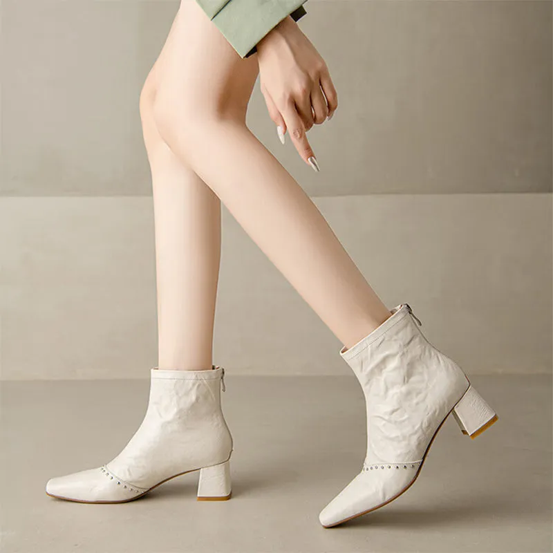 Women's Square Toe Sheepskin Slimming Boots Rivet-embellished Mid Heel Ankle Boots in White/Black